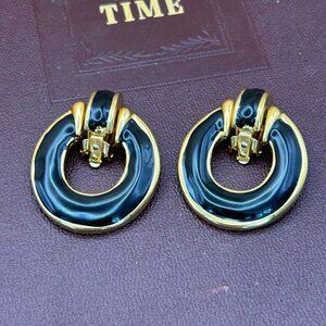 Vintage 1980s Style Statement Clip-On Earrings, Gold Tone with Black Enamel